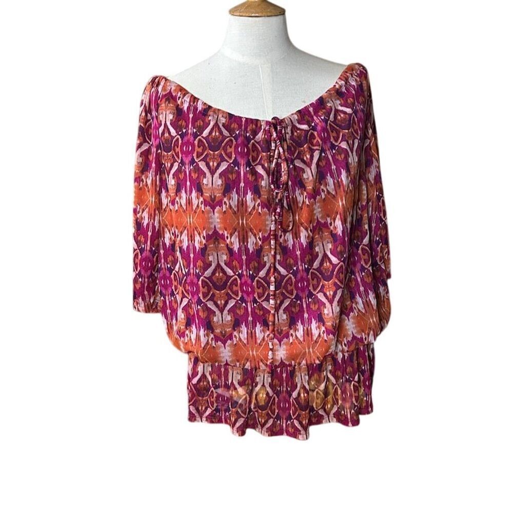 Dressbarn Women's 1X Boho Peasant Blouse Multicolor Tie Neck Top
